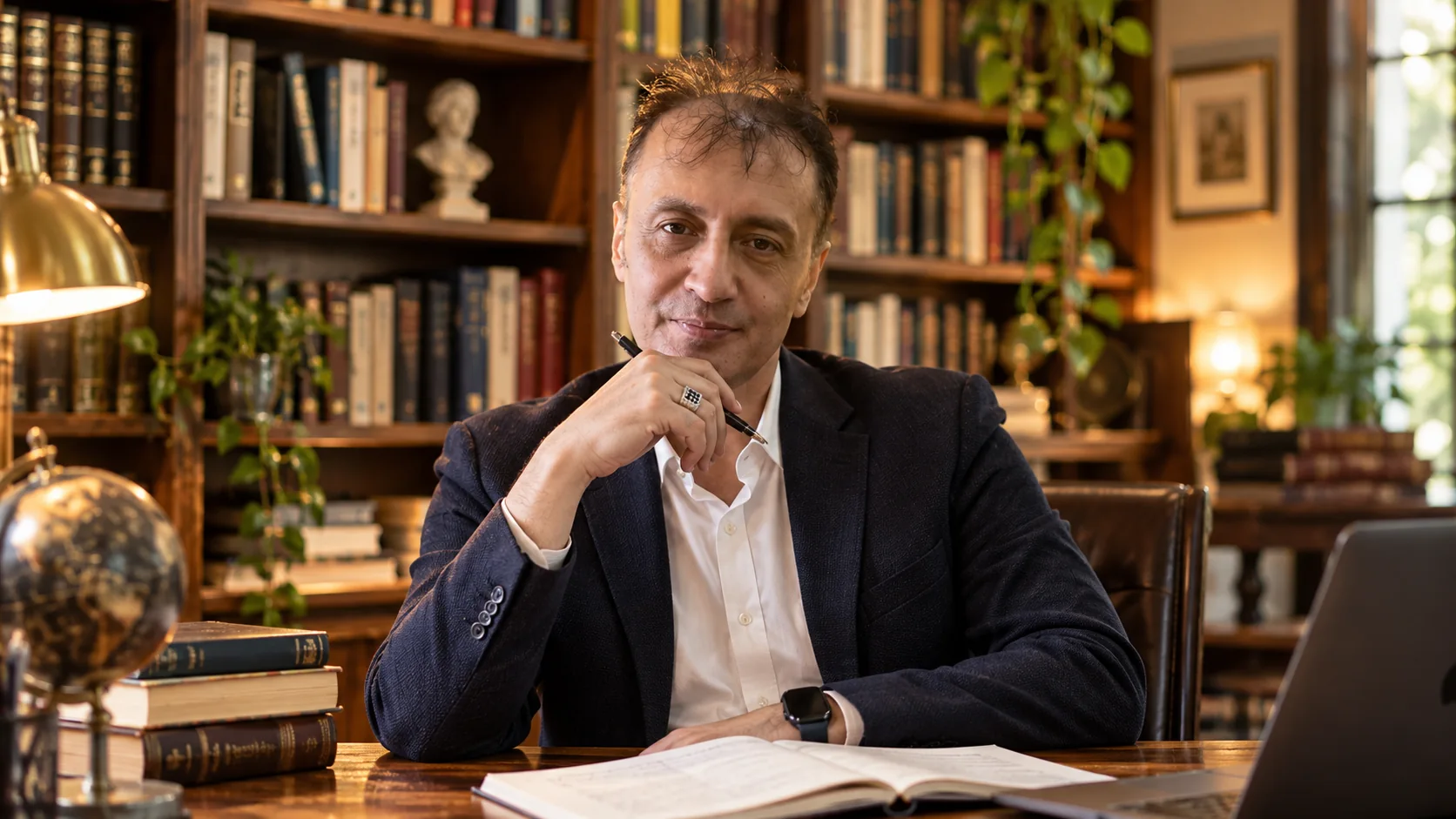 Prof. Dr. Bilal Semih Bozdemir in a digitally composed academic library setting, PressGrup Digital Platforms founder